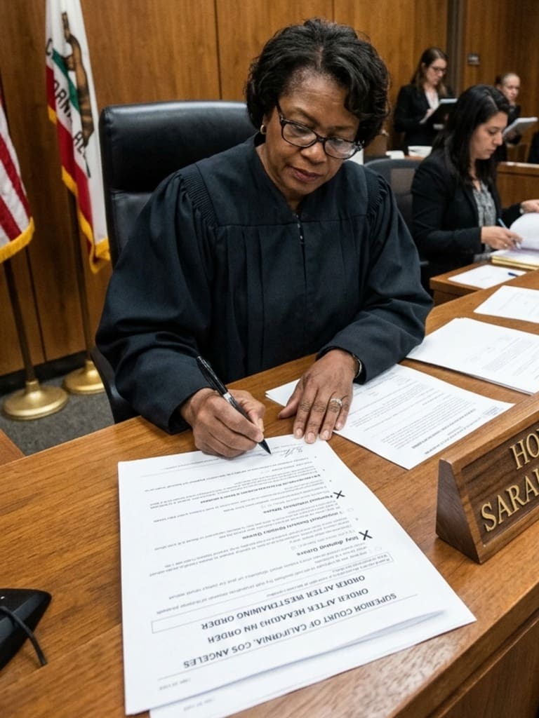 Judge signing elder restraining order in California court. AI generated image for illustrated purposes.